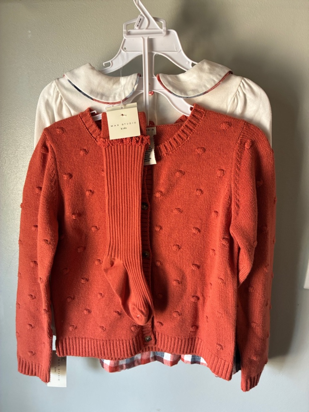 Max Studio Girls Rust Orange Cardigan 4PC Set with Cream Blouse